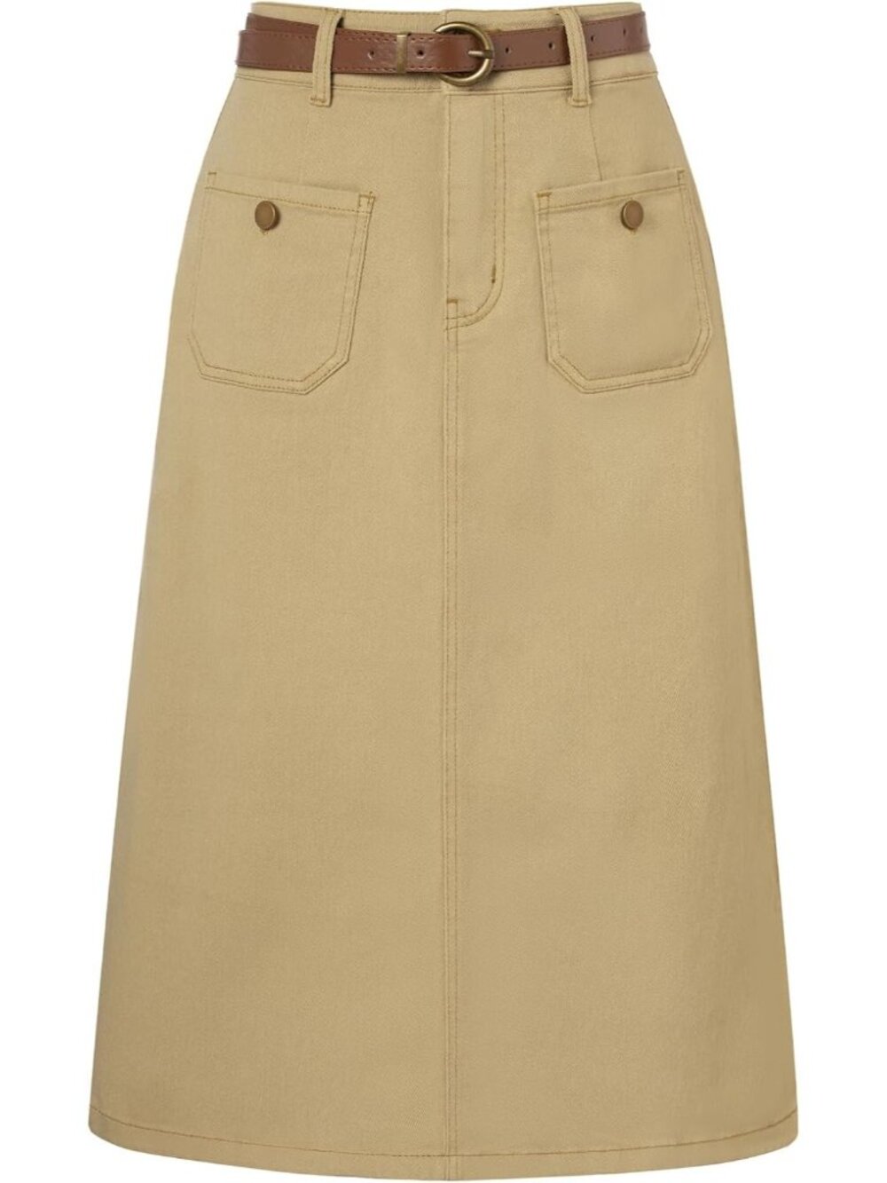 Women's Khaki Belle Denim Jean Skirt with Belt Below Knee Patch Pockets
